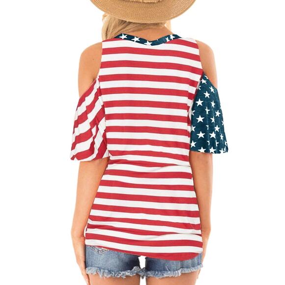 Spadehill USA Flag Cold Shoulder Stars Stripes Top Blouse Size L - Picture 2 of 7